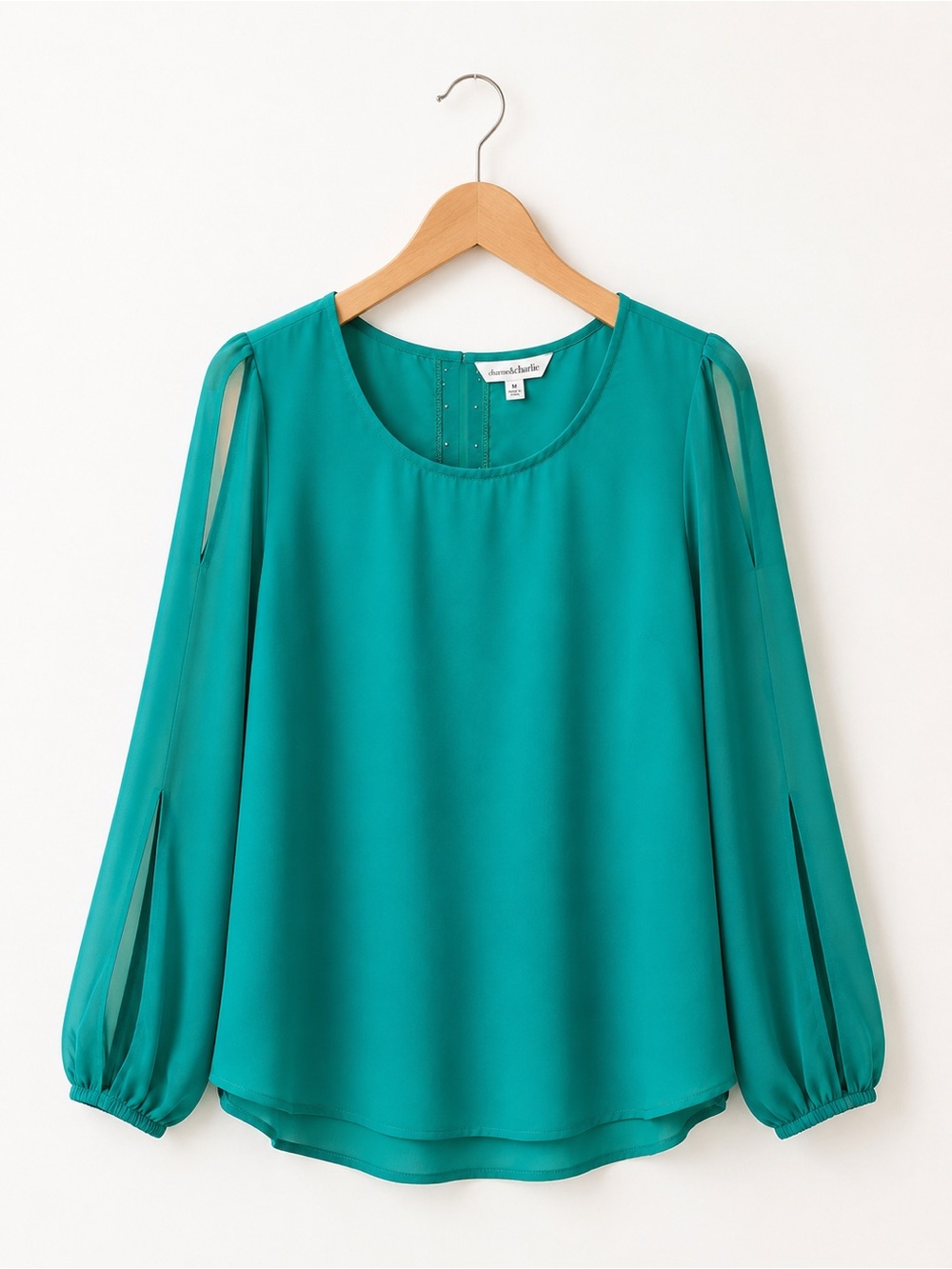 Womens Teal Long-Sleeve Split-Sleeve Blouse